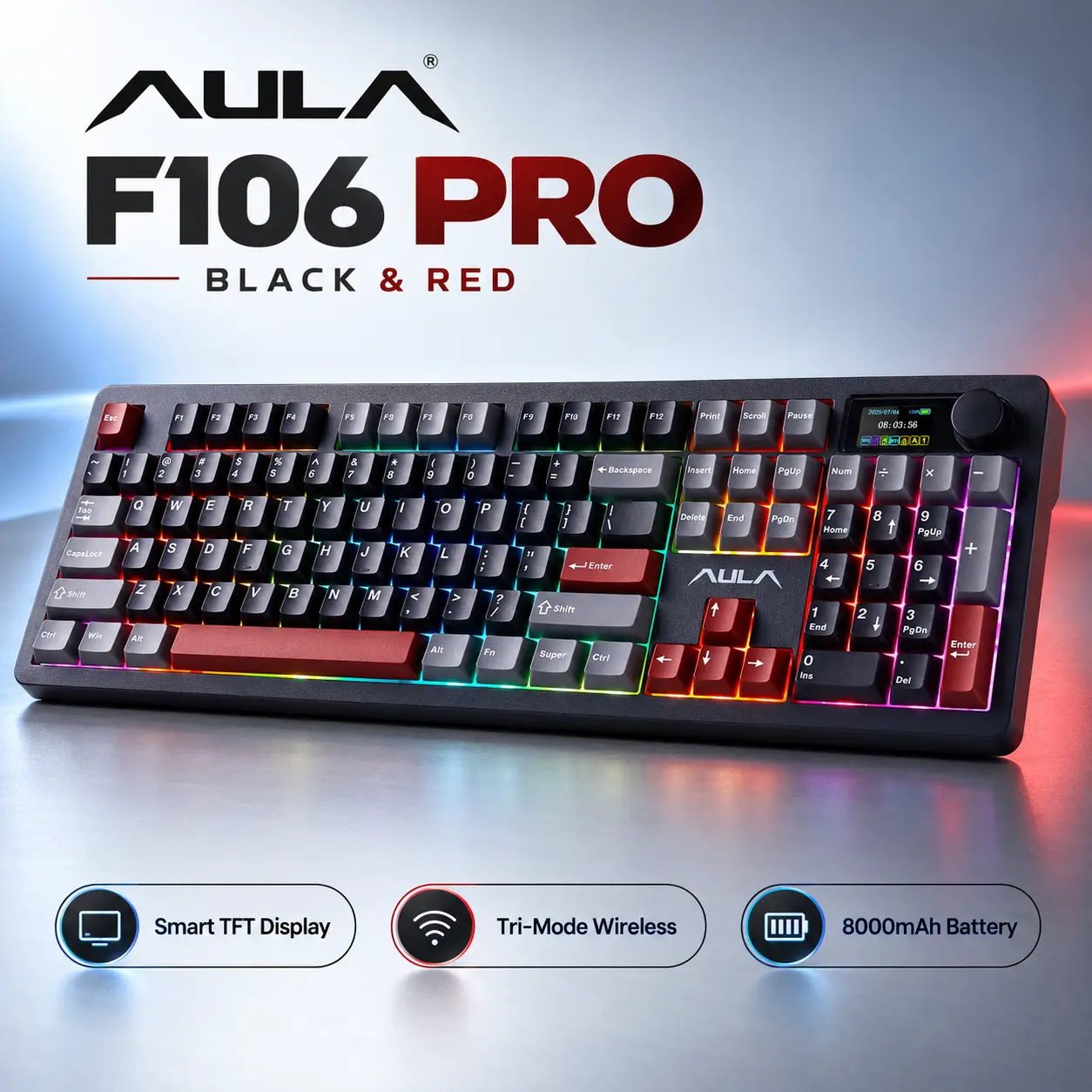 AULA F106 Pro Wireless Mechanical Gaming Keyboard - 104-Key Full Size PC Accessory with Smart Screen, Knob, Tri-Mode Multi-Device Connectivity, Hot-Swappable RGB, 8000mAh Battery, PBT Keycaps, Cool Gift for Adults, Pc Accessories