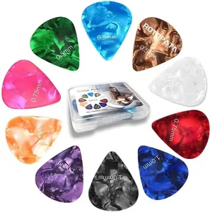 15 Pack Guitar Picks Plectrums with Organizer Storage Box, 0.5 0.75 1.0 mm Includes Thin Medium Heavy Thickness, Variety Colorful Celluloid Plectrums for Bass Electric Acoustic Guitars Ukulele
