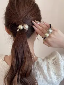 New Pearl Simple Rhinestone Hair Tie, Vintage Style Hair Accessory, Pearl and Floral Design, Durable Fabric Material, Perfect Daily Wear Gift