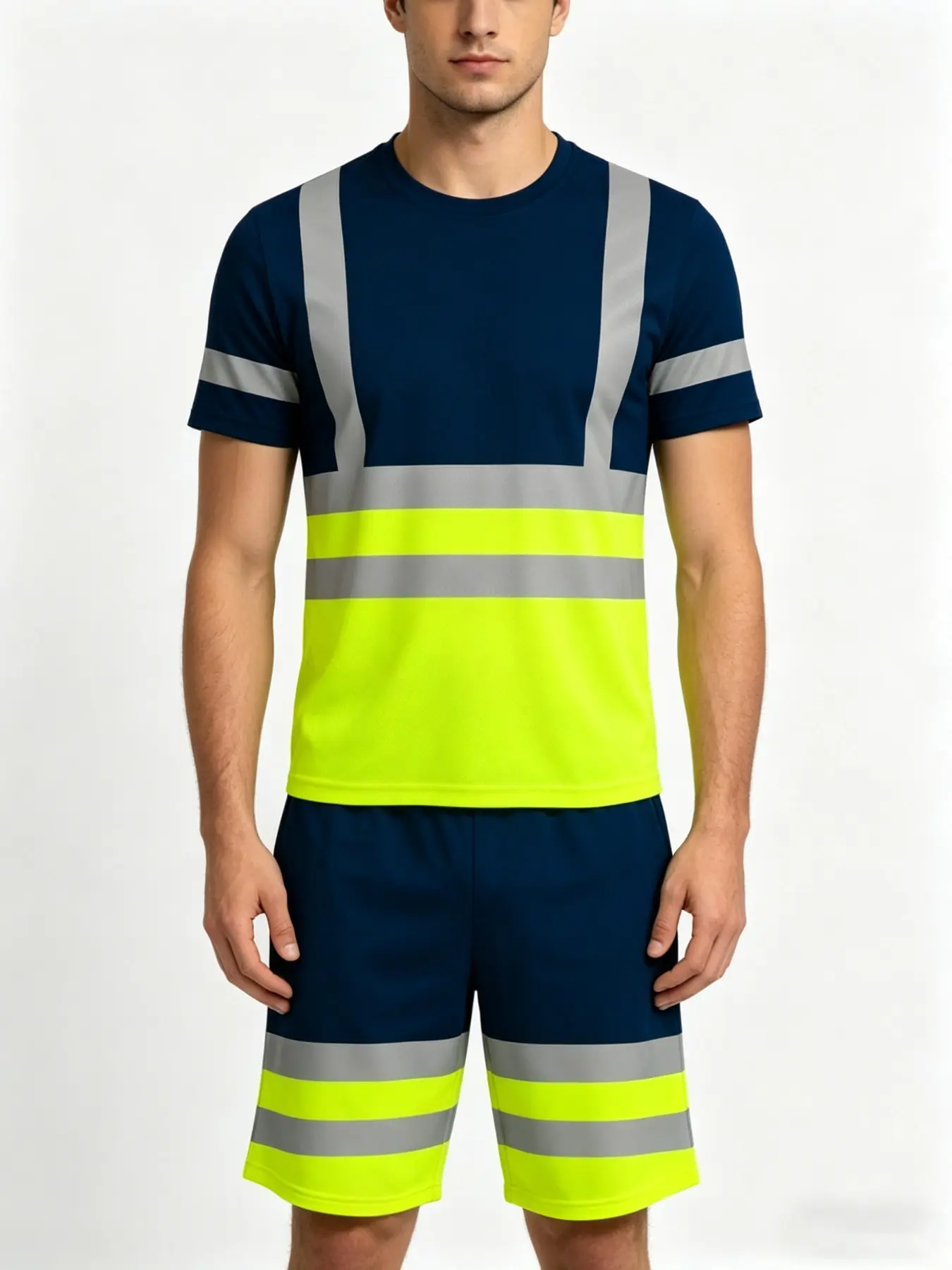 Men's Summer Workwear Set, Short Sleeve Striped T-Shirt & Shorts, Reflective Stripes, Pockets, Drawstring Waist, Ideal for Construction Gear, Clothes