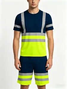 Men's Summer Workwear Set, Short Sleeve Striped T-Shirt & Shorts, Reflective Stripes, Pockets, Drawstring Waist, Ideal for Construction, Clothes
