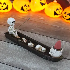 3-Piece Skull Boat Incense Burner Set, Resin Incense Holder with Sticks, Halloween Decor, Home Office Decoration