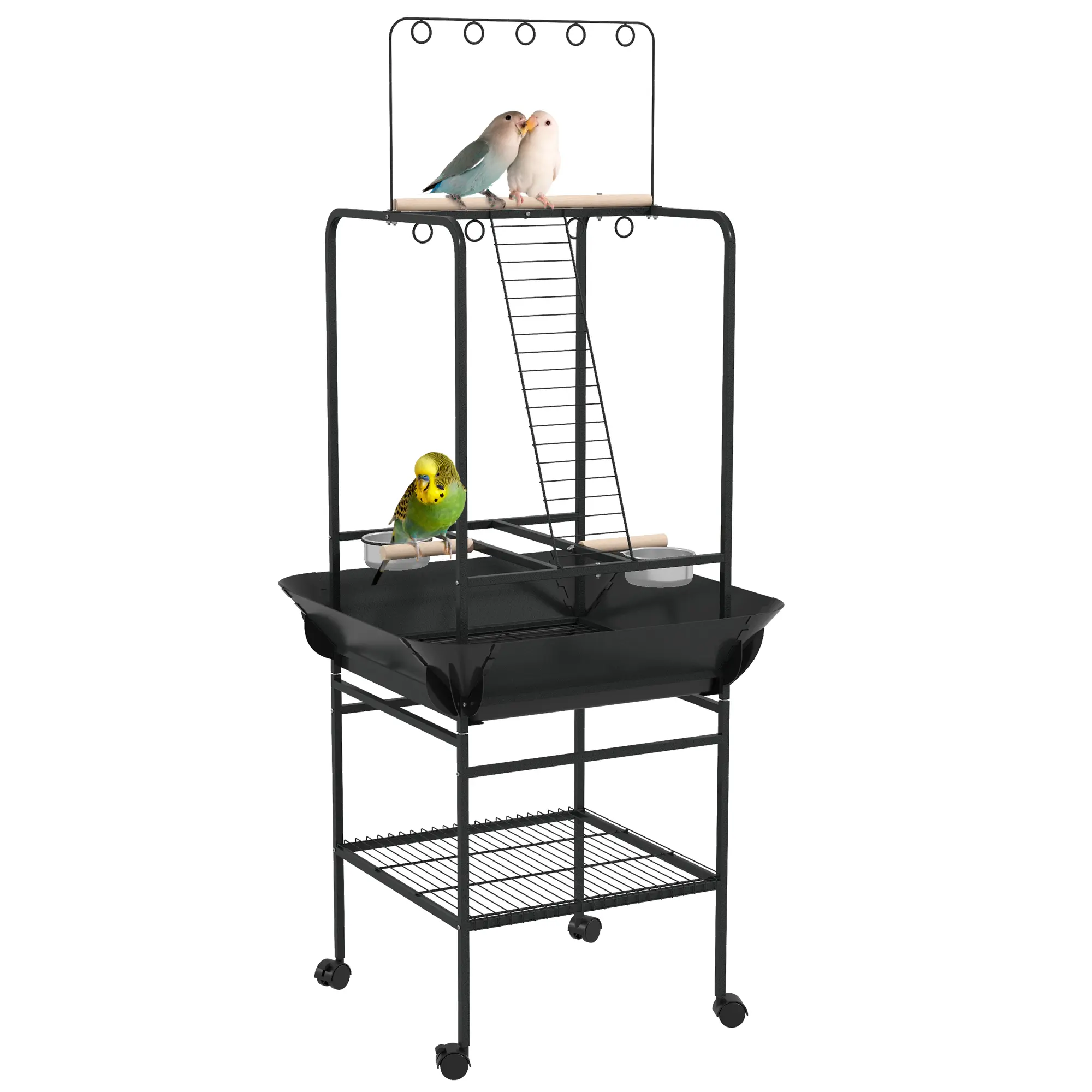 Bird Stand with Wheels – Dark Gray, 61"H Rolling Perch Stand for Small Parrots, 3 Perches, Ladder, Toy Hanger, 2 Stainless Steel Bowls, Pull-Out Tray