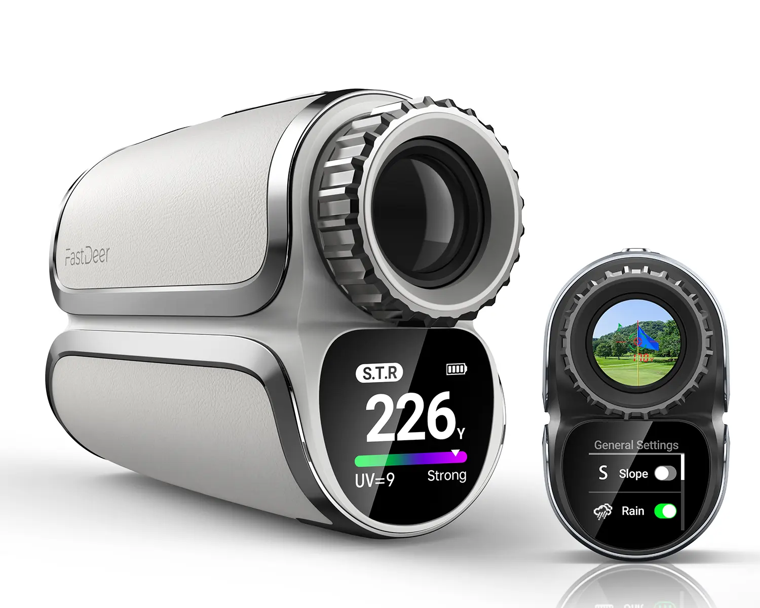 FastDeer Golf Laser Rangefinder S2, High Precision Range Finder with Slope, Premium Leather, LCD Touchscreen, OLED Scope Display, Fast Flag Pole Locking Vibration, Triangualation Mode, UV Reminder, Rain Mode, Best Golf Gift for Men, Customize Engravng