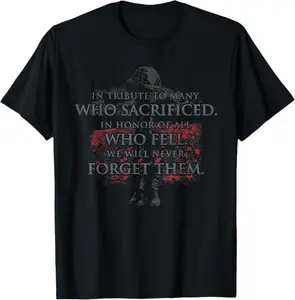 in tribute to many who sacrificed in honor of all who fell T-Shirt- Digital Print, Fitted Short Sleeve, Medium Length, Hand Wash Only, Versatile for All Seasons - Fabric, Clothes