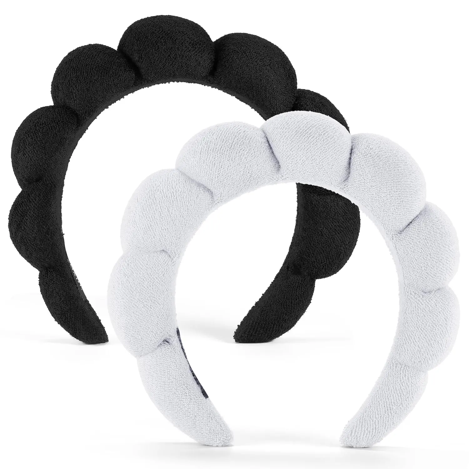 Headbands, Set of 2 - Terry Cloth Headband for Washing  or Facial, Puffy Makeup Headbands for  Washing, Mask,   - 1 White & 1 Black