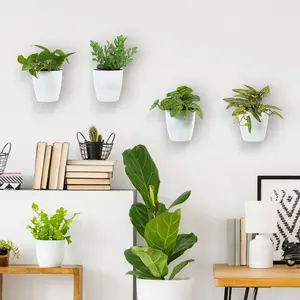 Set of 4, Wall Mounted White Plastic Self Watering Planter Pots, Small Hanging Double Layer Wall Planter