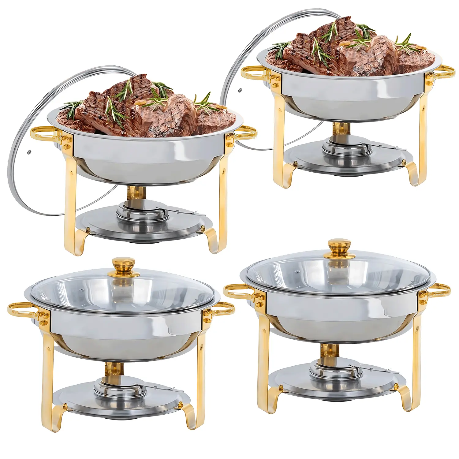 Sebastian CADIA 4-Piece Stainless Steel Silver Round Buffet Hot Pot Warmer Set - Cookware with Glass Lid & Cover, Food Warmers for Restaurant, Weddings