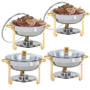 Sebastian CADIA 4-Piece Stainless Steel Silver Buffet Hot Pot Warmer Set - Round Cookware with Glass Lid, Warmers for Food Suitable for Restaurant, Party Use