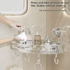 Corner Triangle Shelf with Suction Cup, Light Luxury Style, Easy Installation, Waterproof, Adjustable Hooks, Transparent Multi-Functional Storage, Bathroom Organizing Accessories