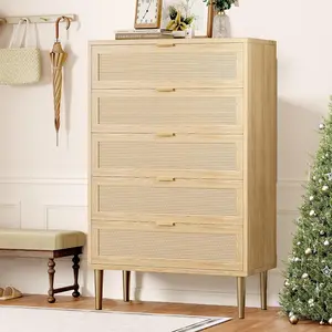 Home Rattan 5 Drawer Dresser  44 inches Tall Narrow Chest of Drawer  Farmhouse Wooden Vertical Dresser with Metal Legs and Handles   Modern Cabinet for Bedroom/ Living Room -Oak