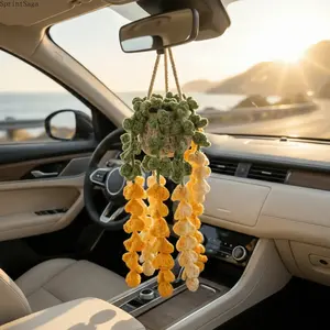 Handmade Crochet Hanging Succulent Ornament - Women's Boho Car Interior Accessory, Rearview Mirror Charm, Cars Birthday Holiday Gift Idea, Car Interior Accessories