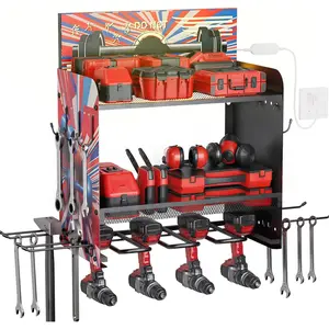 Power Tool Organizer Wall Mount, 130 LBS Load 2-Tier Garage Tool Rack with 4 Drill Holders, Hooks & Long-handled Tool Holders for Workshop, for Men. Red, 1 Pack.