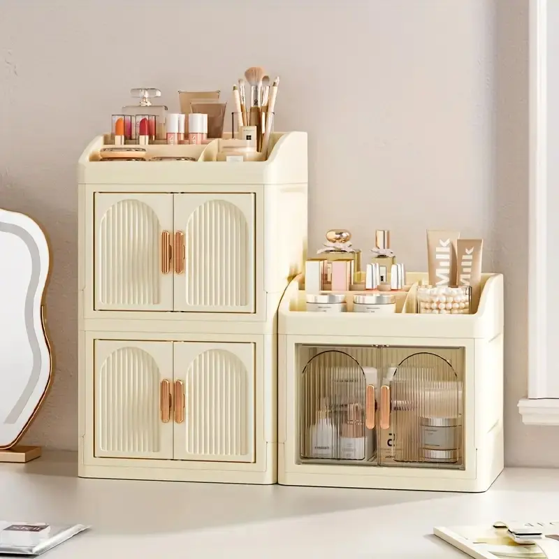 Dual-Door Cosmetic Storage Box, Multi-Layer Plastic Organizer with Drawers, Multilayer Storage, Counter Makeup and Health Tools Rack, Beauty Supplies Organizer, Cosmetics Organizer Storage, Cosmetic Storage Holder, No Power Needed, Plastic Storage Bin