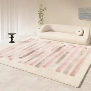 1pc Ins Light Luxury Cute Pink Atmosphere Bedroom Decoration Rug French Cream Style Living Room Non-slip Carpet Nordic Simple Striped Pattern Lounge Art Mat Fluffy and Soft Dressing Room Washable Foot Mat Home Decorative Rug