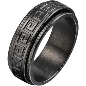Men's Spinner  Ring Black//Blue 8MM Titanium   Fidget Ring Greek Key Center Spinner Wedding Engagement Bands Matte Brushed Grooved Stepped Edges Comfort Fit Size 5-14