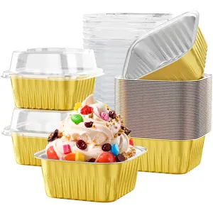 40 Pack 5 OZ Mini Cake Pans with Lids, Disposable Square Aluminum Foil Brownie Baking Cups, Mini Aluminum Foil Cupcake Muffin Tin Ramekins, Flan Molds Cake Containers for Wedding Birthday Party