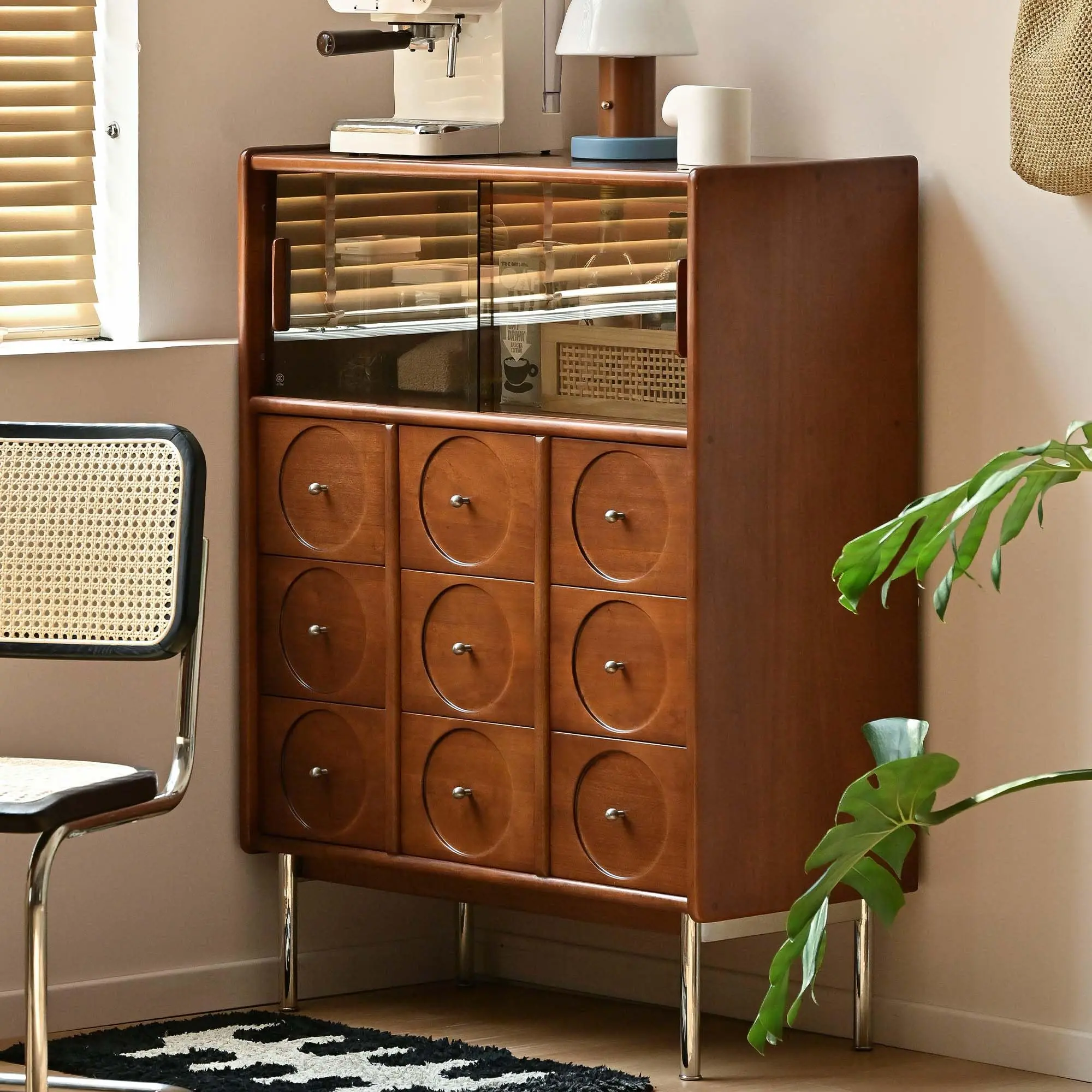 YESWOOD Solid Poplar Wood Sideborad Storage Cabinet with 9 Drawers & Glass Shelf, Buffet Cabinet with LED Light & Metal Legs, Chic Modern Coffee Bar Display Cabinet for Living Dining Kitchen deep cherry wood furniture