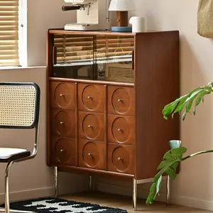 YESWOOD Solid Poplar Wood Sideborad Storage Cabinet with 9 Drawers & Glass Shelf, Buffet Cabinet with LED Light & Metal Legs, Chic Modern Coffee Bar Display Cabinet for Living Dining Kitchen deep cherry wood furniture