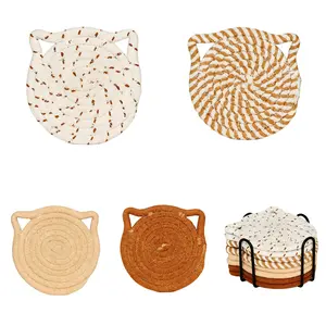 Cat Ears Coasters Set of 8 with Holder, Minimalist Handmade Braided Cotton Non-Slip Absorbent Cat Coasters for Drinks, Coffee Bar Accessories, House Warming Gifts for New Home (Brown)