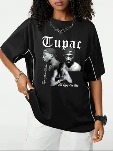 Women's Vintage Graphic Print Round Neck Loose Tee, Casual Streetwear Tupac Letter Print Short Sleeve T-shirt for Summer, Women's Top for Daily Wear