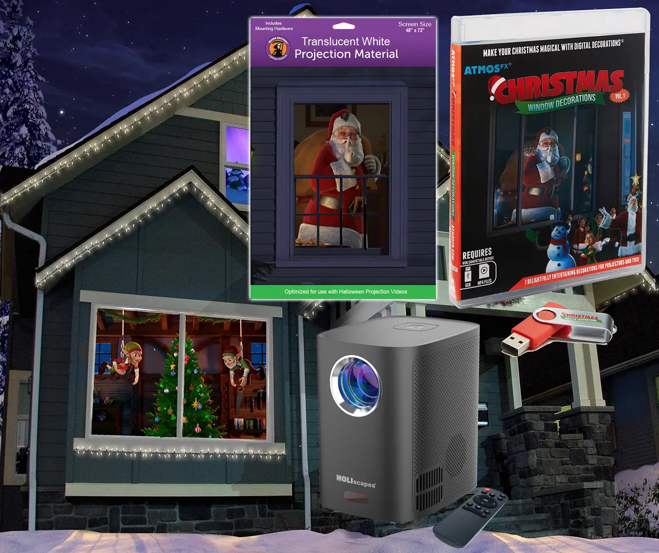 Christmas Digital Decoration Kit Includes 7 AtmosFX Video Effects for Christmas + HD Super Bright Projector + 48” x 72” Holographic Projection Screen