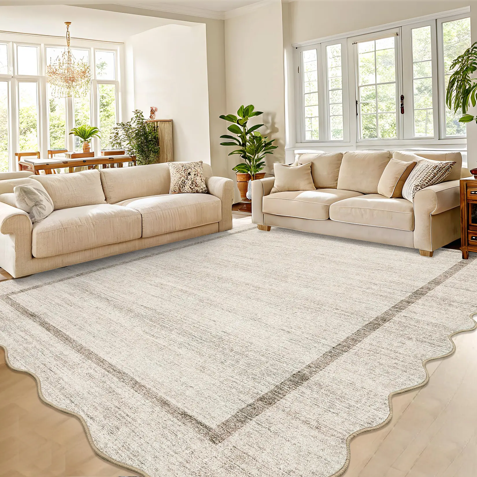 Pearl Velvet Cotton Rug - Charlotte Border, Cozy Floor Mat, Modern House Decor Indoor Floor Rug, Washable, Foldable, Shake to Refresh, for Entryway, Living Room