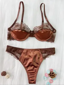 Two-Piece Set Women's Floral Embroidery Contrast Mesh Satin Underwear Set, Adjustable Strap Push Up Bra & Thong Set, Romantic Lingerie Set for Women, Fall Wear, Earthtone Fallfreshness