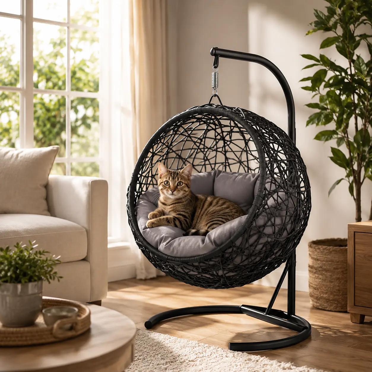 Gray Cat Swing Bed with Stand & Cushion – Hanging HDPE Rattan Wicker Chair for Indoor Cats, Small Dogs & Pets, 33lbs Capacity
