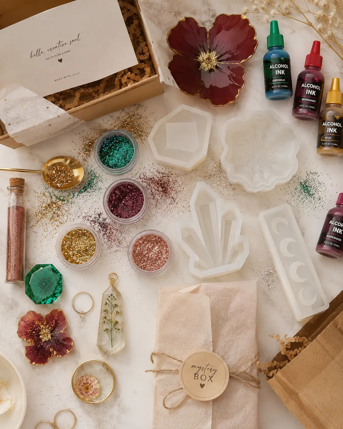 Resin Art Craft Supply Starter Kit, Holographic Glitter, Silicone Mold, Alcohol Ink Bundle Set