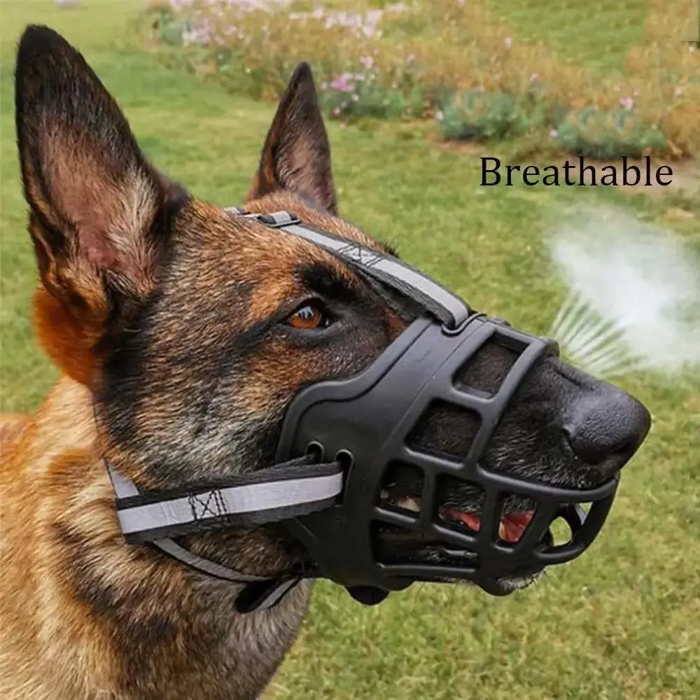 Durable Soft Silicone Dog Basket Muzzle with Buckle, Reflective Strips, Hollow-Out Design - Breathable Adjustable Anti-Bite Anti-Chewing Mouth Cover for Medium-Large Outdoor Pets (Sports & Outdoor Accessory)
