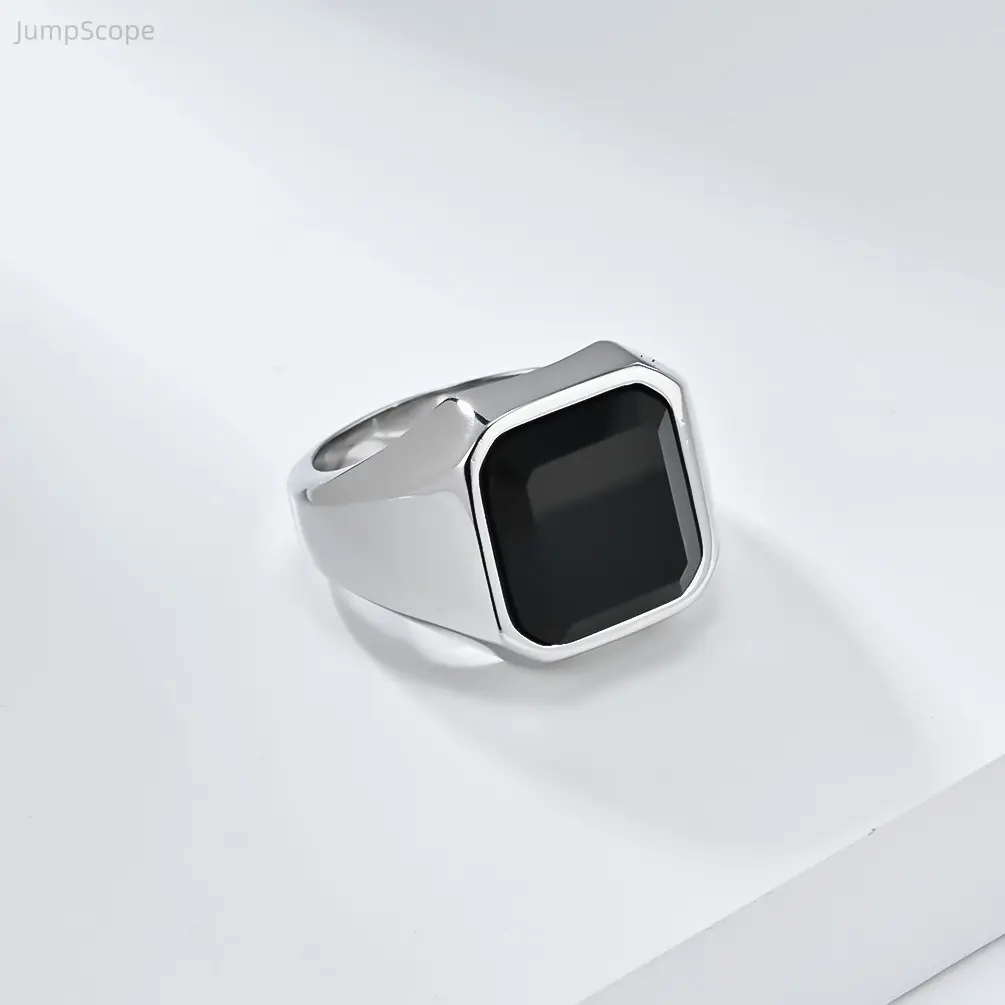 Male Geometric Signet Ring - Square Black Onyx Solid Stone, Lightweight Titanium Steel, Bold Casual Statement Jewelry for Everyday Indoor Recreation Accessory (Gold/Black/Silver)