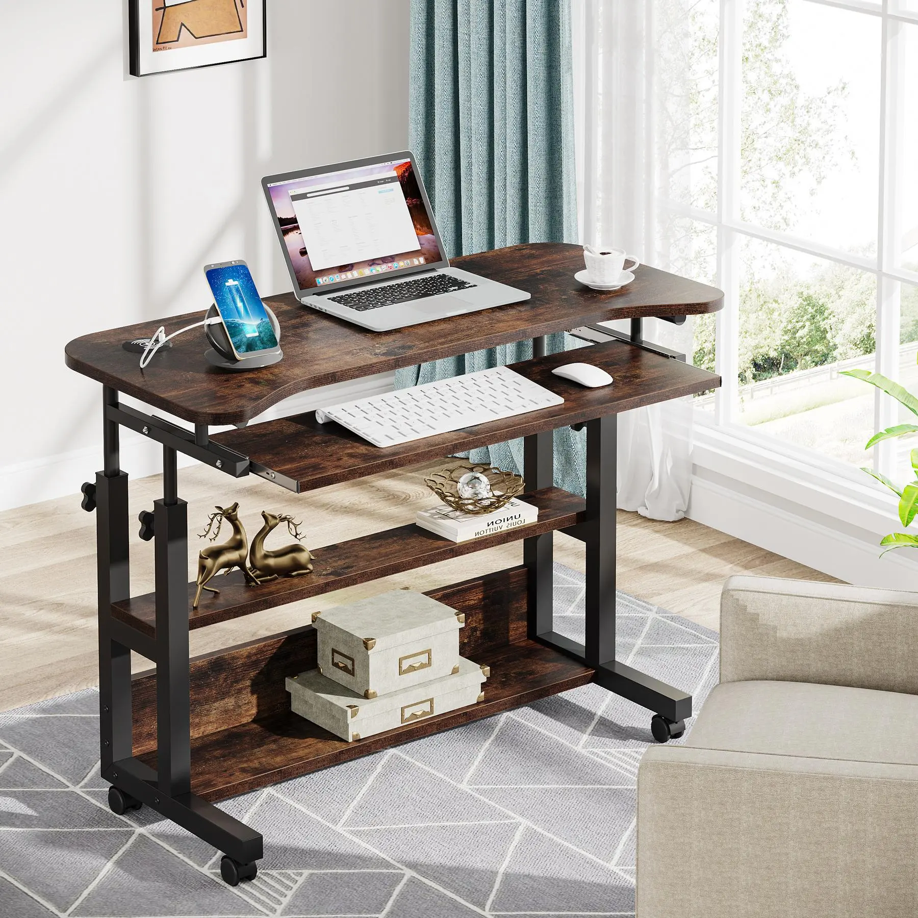 TRIBEWOOD Standing Rolling Computer Desk - 28”~43” Height-Adjustable Portable Particle Board Home Office Table with Power Outlets, USB Ports, Keyboard Tray for Teen Students, Dorm Use