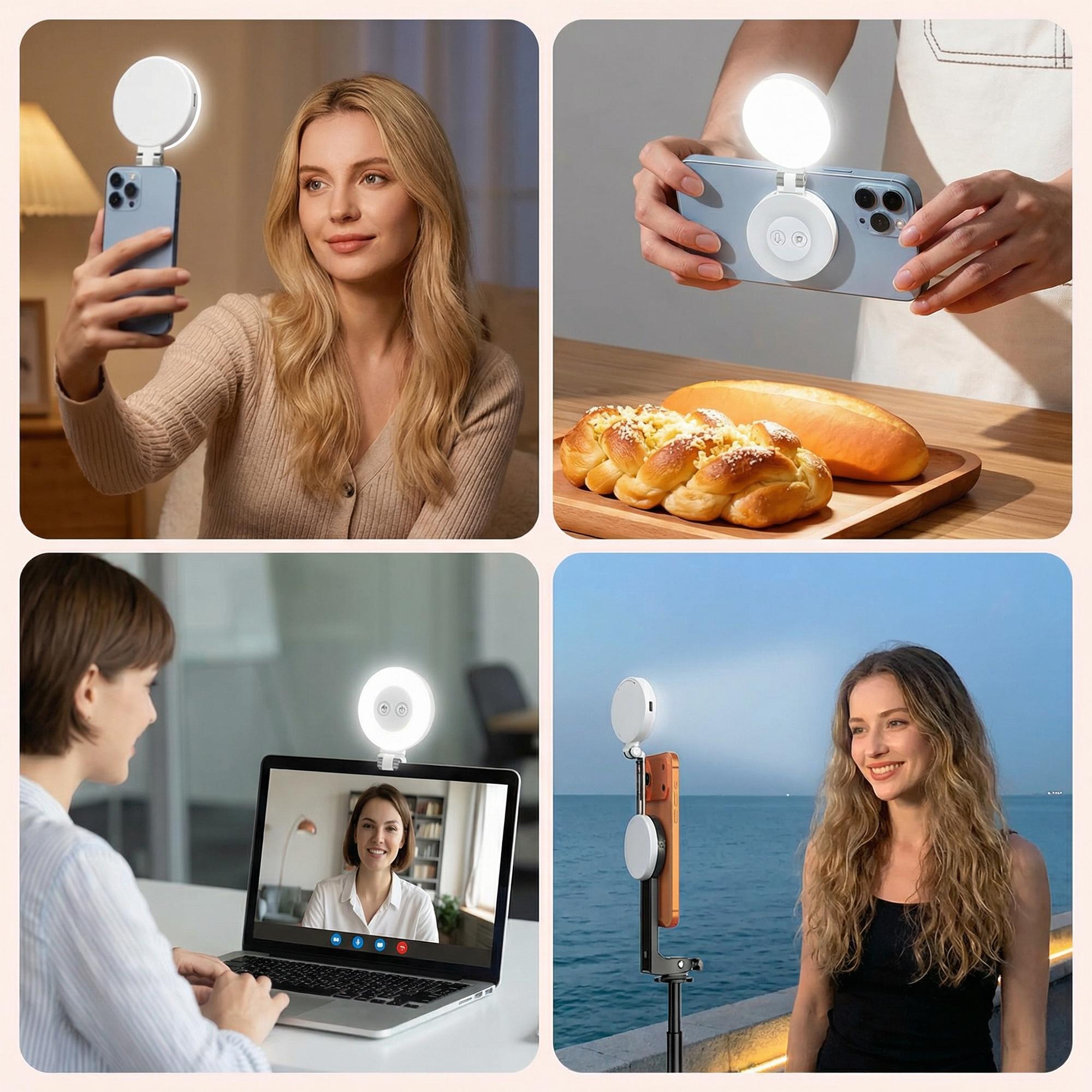 Magnetic Phone Fill Light, 360° Rotatable & 180° Tilt Rechargeable Selfie Light with 3 Light Modes, Portable Magsafe Beauty Ring Light for iPhone 12-17, Extendable Phone Stand for TikTok Live, Vlog, Makeup, Video Call, Photography