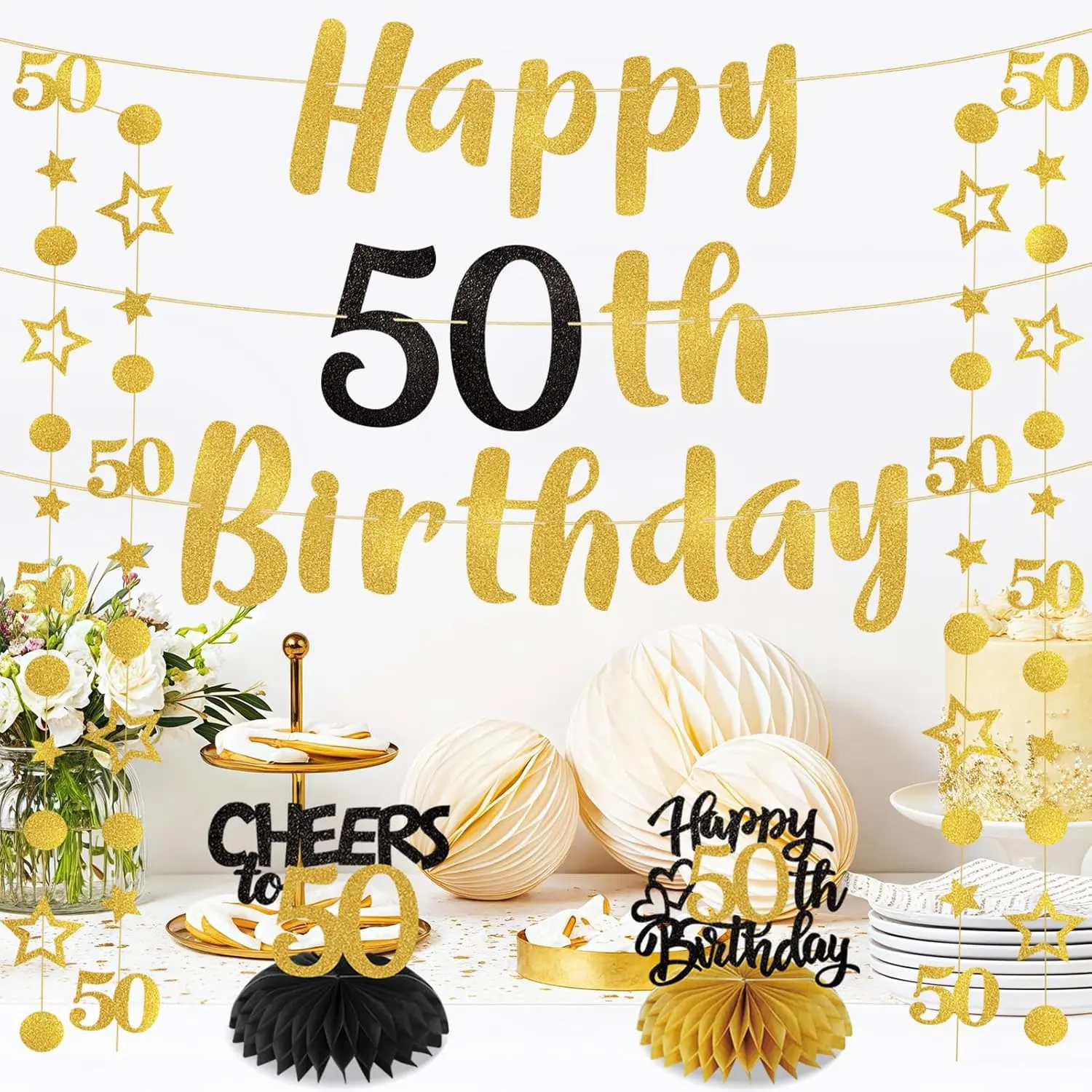Black Golden Glitter Adult 50th Birthday Party Decorations Kit - 12 Pieces, 4m/13.1ft Garland Set with Star Banner, Lightweight Circle Honeycomb Centerpieces, Cheers to 50 Balloons, Stickers, Geometric Supplies for Indoors, Gifts