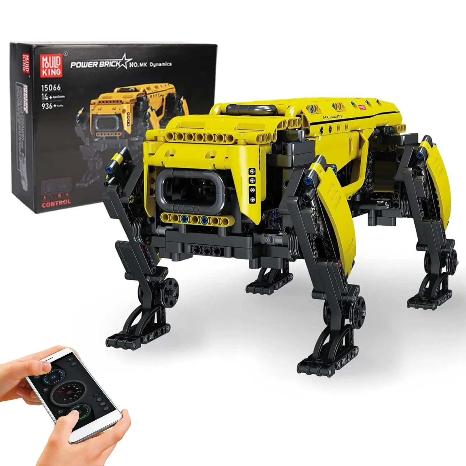 Mould King 15066 Technical Yellow Four-Legged Robot Dog Building Block Kit, Power Module RC Mechanical Intelligent Robot Programmable Educational STEM Toy 936Parts Clamping Building Kit Model