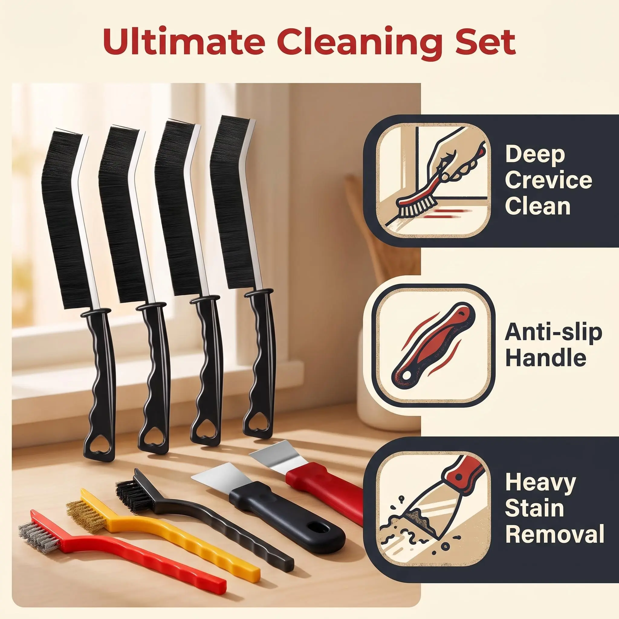 10-Piece Heavy Duty Gap Cleaning Brush & Scraper Set, Home Care Tools for Kitchen, Wall Deep Clean & Stain Removal
