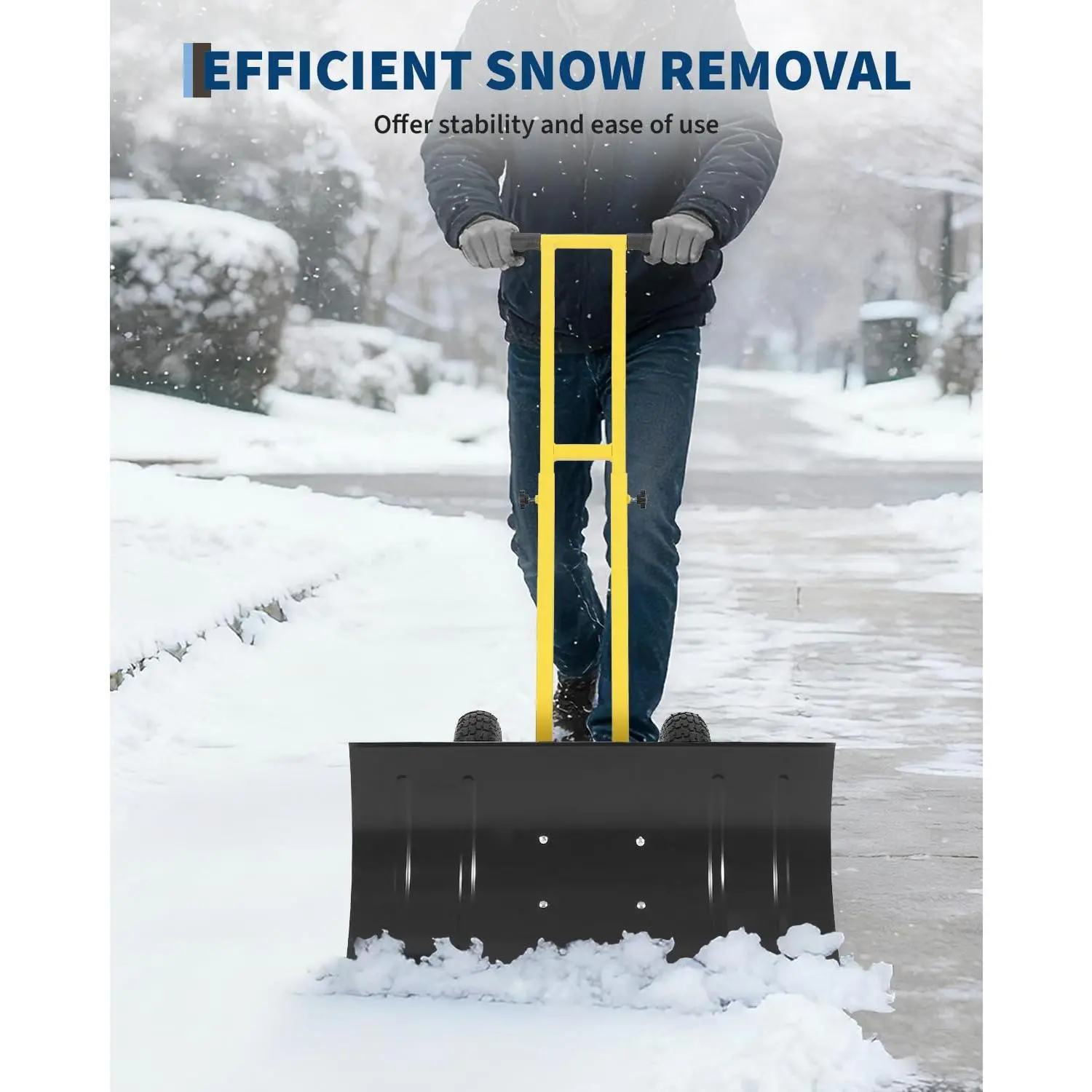 Garvee Snow Shovel, Metal Snow Shovel with Wheels, Rolling Snow Pusher with 7-Position Angled Metal Blade, Efficient Snow Removal Tool, for Driveway, Sidewalk, Pavement, 14.17"x29.1'', Yellow