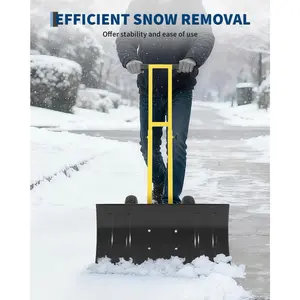 Garvee Snow Shovel, Metal Snow Shovel with Wheels, Rolling Snow Pusher with 7-Position Angled Metal Blade, Efficient Snow Removal Tool, for Driveway, Sidewalk, Pavement, 14.17"x29.1'', Yellow