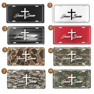 Jesus Saves License Plate – Christian Cross Aluminum Vanity Car Tag with Camo & Solid Color Options