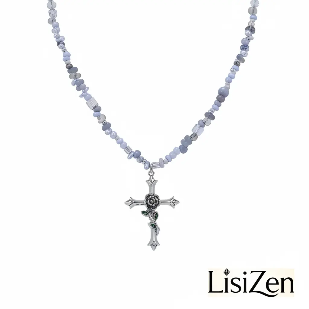 LisiZen Color Blocked Beaded Starburst Cross Pendant Necklace for Women DZXL4541