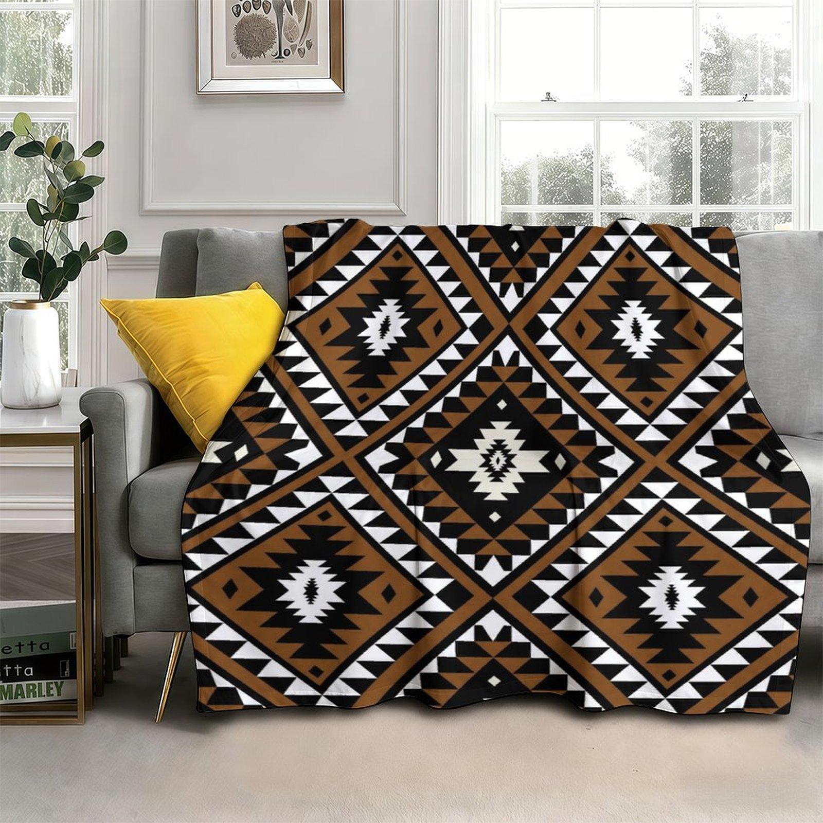 Navajo Southwestern Tribal Fleece Blanket, Aztec Geometric Print Soft Cozy Throw, Brown Black Boho Western Home Decor Gift for Couch Bed