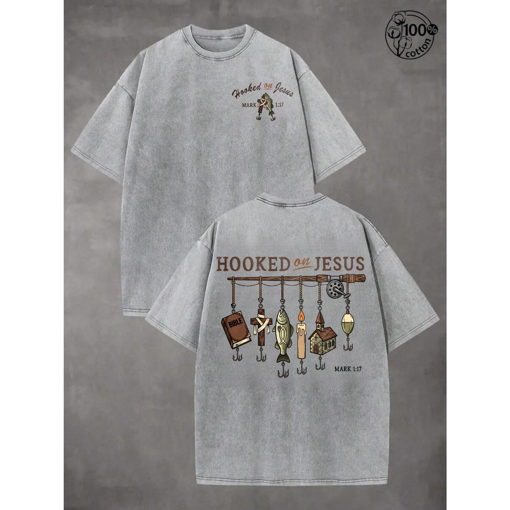 Men's Christian Fishing Cotton Washed Tee, Hooked on Jesus, Faith Fisherman Shirt for Men, Matthew 117 Bible SHIRT, Angler Religious Graphic Faith Men's Casual Street Style T-Shirt