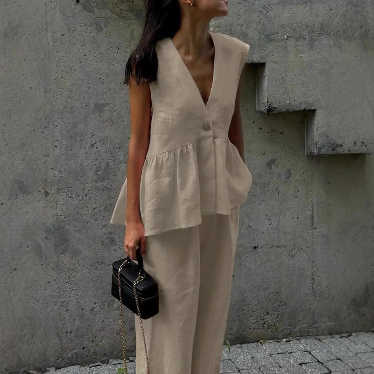 Women Solid V Neck Sleeveless Peplum Top & Flare Pants Two Piece Set Elegant Casual Business Matching Outfit