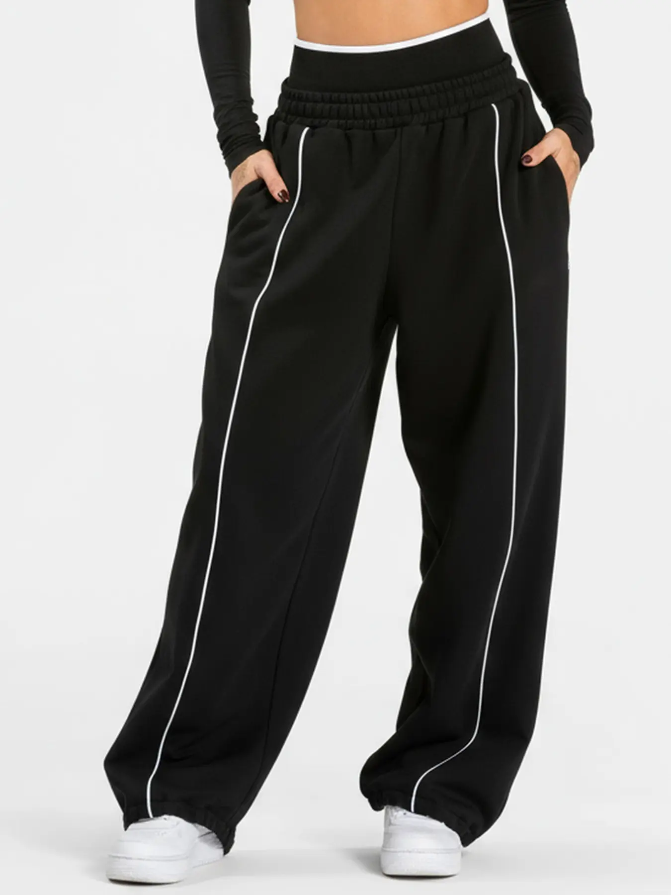 Women's high-waist wide-leg jogging pants with contrasting lines and loose and comfortable casual Knitted Sports Pants and casual sports pants High Waisted Sportswear Athleisure Style suitable for daily wear and outdoor activities High Waist Sweatpants