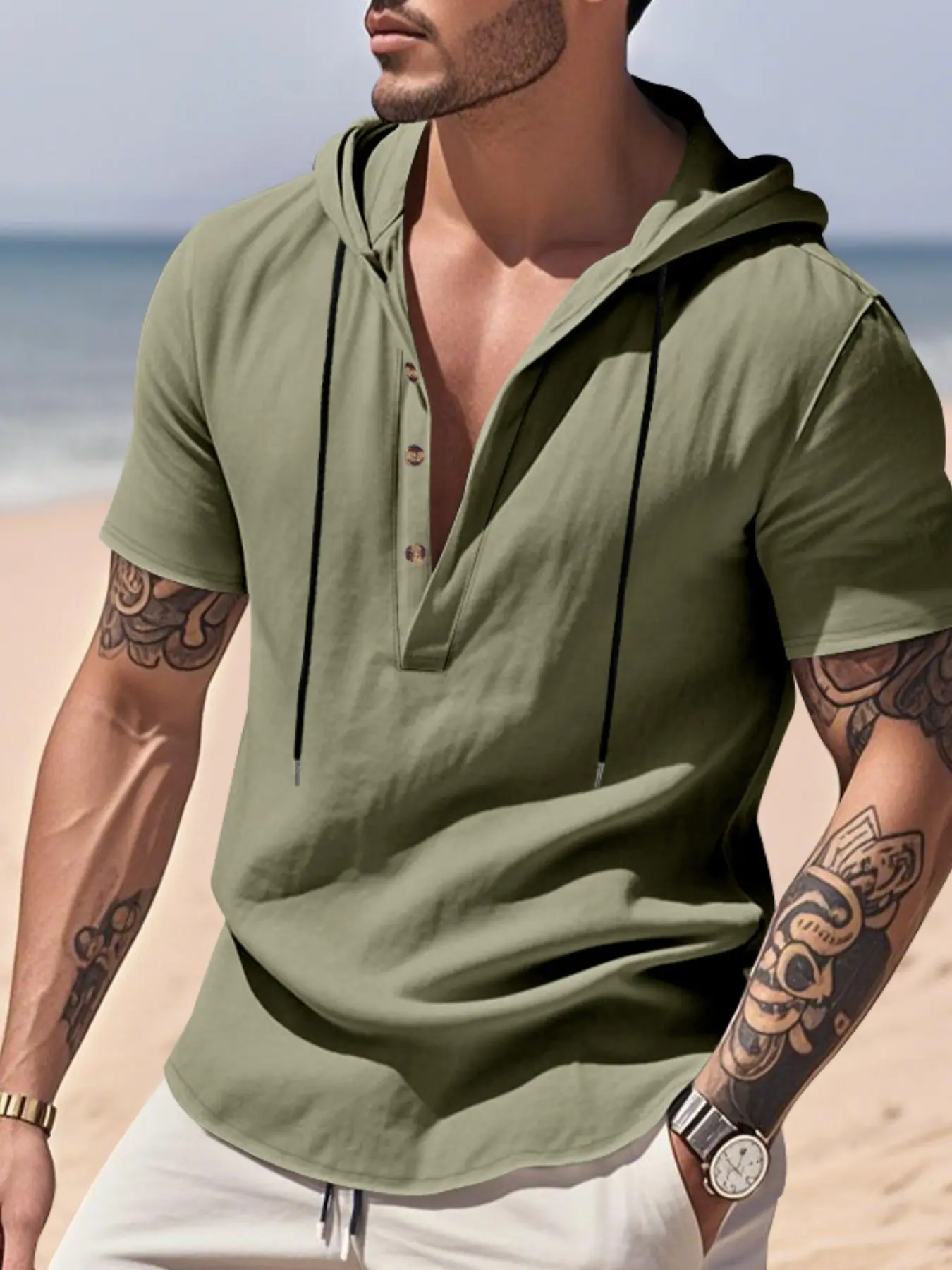 Men's Linen Hooded Casual Fashion Wear Relaxed Fit T-Shirt, Drawstring Hood & Half Button Design, Breathable Textured Fabric, Spring Summer Tropical Vacation Commute Top, Breathable Loose Fit, Casual Comfy Fit