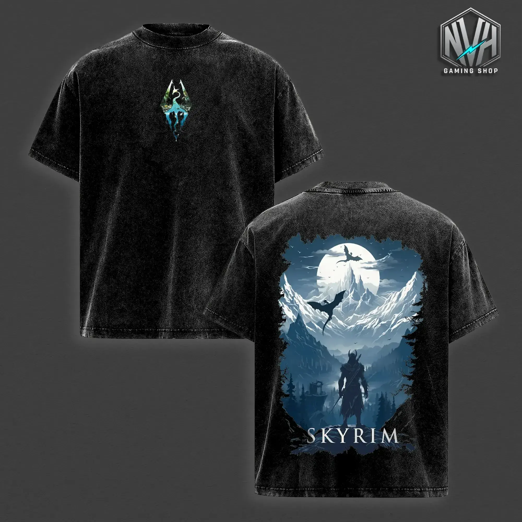 The Elder Scrolls V Graphic Shirt Skyrim Dragonborn Snowy Mountain Landscape Vintage Washed Oversized T-Shirt Open World RPG Hoodie Epic Fantasy Edgy Streetwear Y2K Merch Tee Gift For Game Fan Clothes