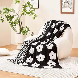 Checkered Throw Blanket, Black Super Soft Knit Breathable Throw Blanket, Cozy Reversible Checkerboard Fuzzy Blanket for Couch Sofa Bed Living Room Decor 50 x 60 inch