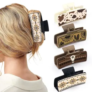 Floral square claw clip Hair Claw Clips Non-Slip Multi-Color Fengpin Leather PU Multi-color Cow Head Square Hair Clip Simple Versatile European and American Shark Clip High Ponytail Claw Clip