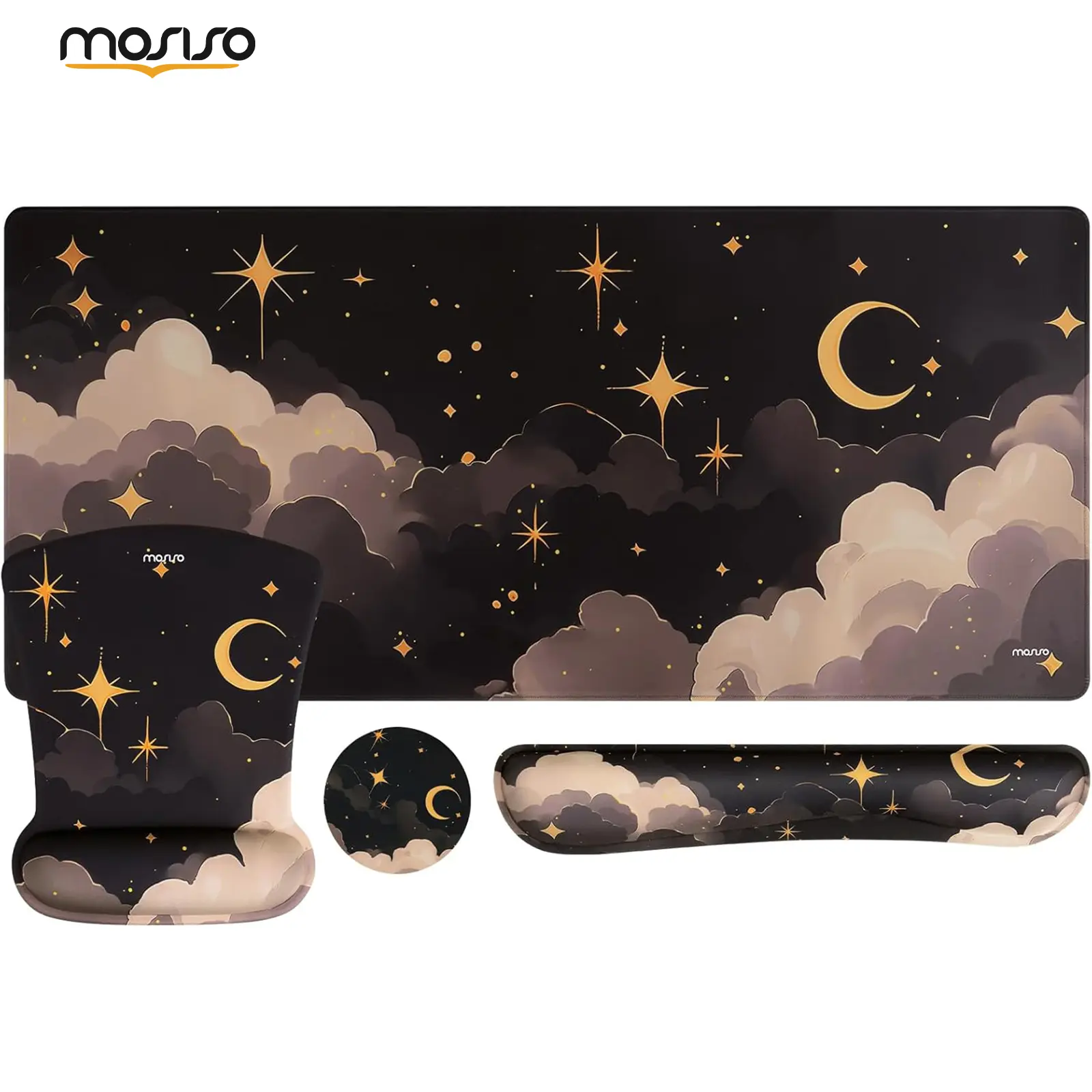 MOSISO 4-Piece Cute Keyboard Mouse Pad Set, 17.2×3.15 Inches Large Gaming Mouse Pad, 1×Keyboard Wrist Rest, Raised Memory Foam Support, Non-Slip Star Moon Design, 3.9-Inch Diameter Coaster for Home Office